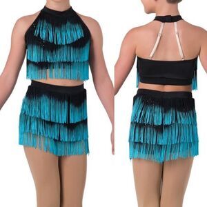 Costume Gallery dance 2 piece blue turquoise fringe tip skirt 20653 child SC